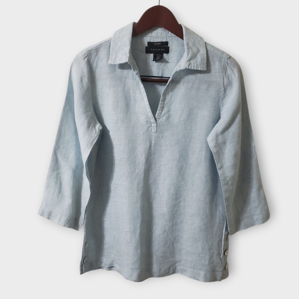 Tahari Womens Pool Blue 100% Linen V-Neck Tunic Top Size XS Button Side Slit